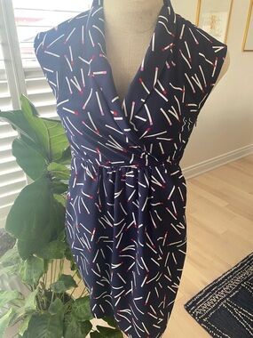 Navy Sleeveless Wrap Midi Dress with Matchstick Print